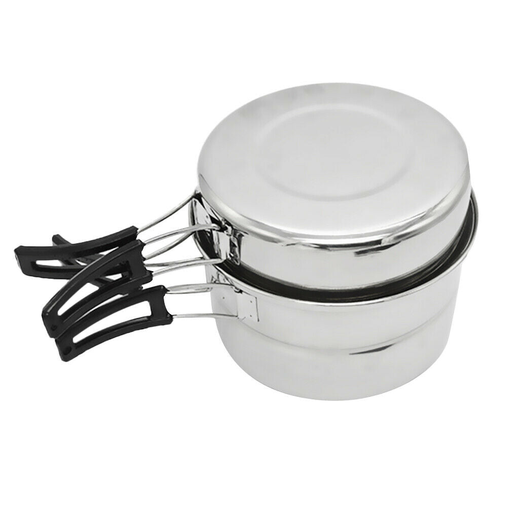 Camping Picnic Cookware BBQ Stainless Steel Cooking Pot Pan & Steaming Rack Cook