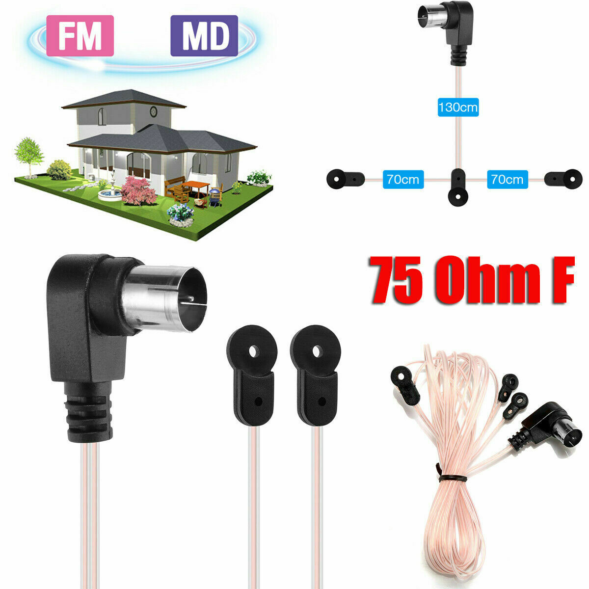 Aerial FM Antenna 75 Ohm F-Type Male Plug For Home Radio Stereo Signal Receiver