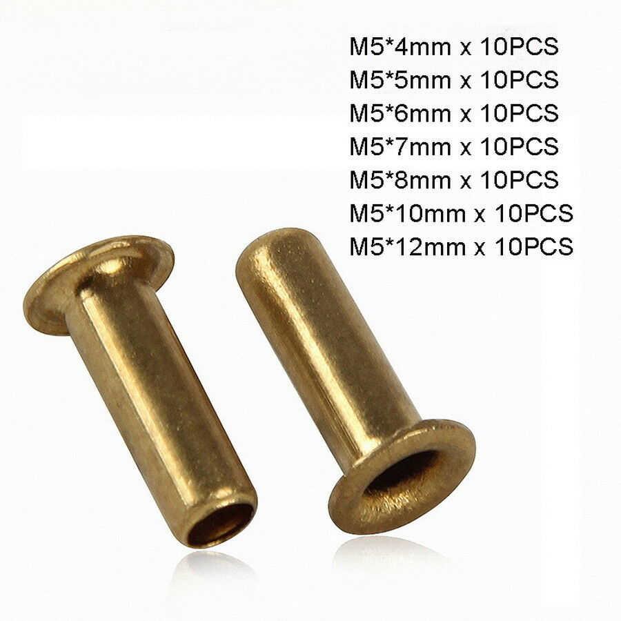 70pc M5 x (4mm-12mm) Copper Brass Eyelet Hollow Tubular Rivets Through Nuts Kit