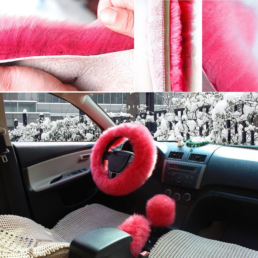 1Set Pink Furry Car Steering Wheel Cover + Shifter Cover + Parking Brake Cover