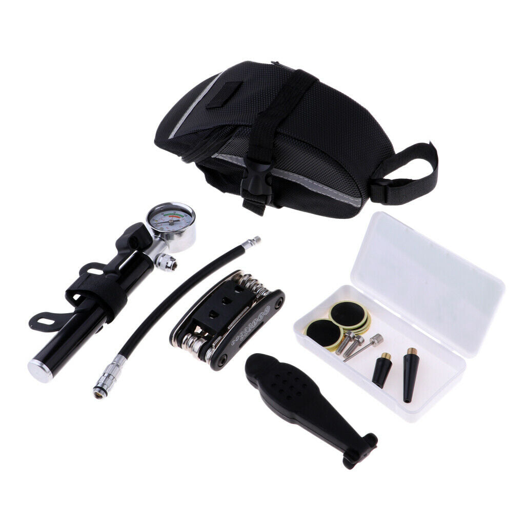 Bike Tire Repair Tool Kit Pump 16 in 1 Hex Spoke Wrench Screwdriver Tail Bag