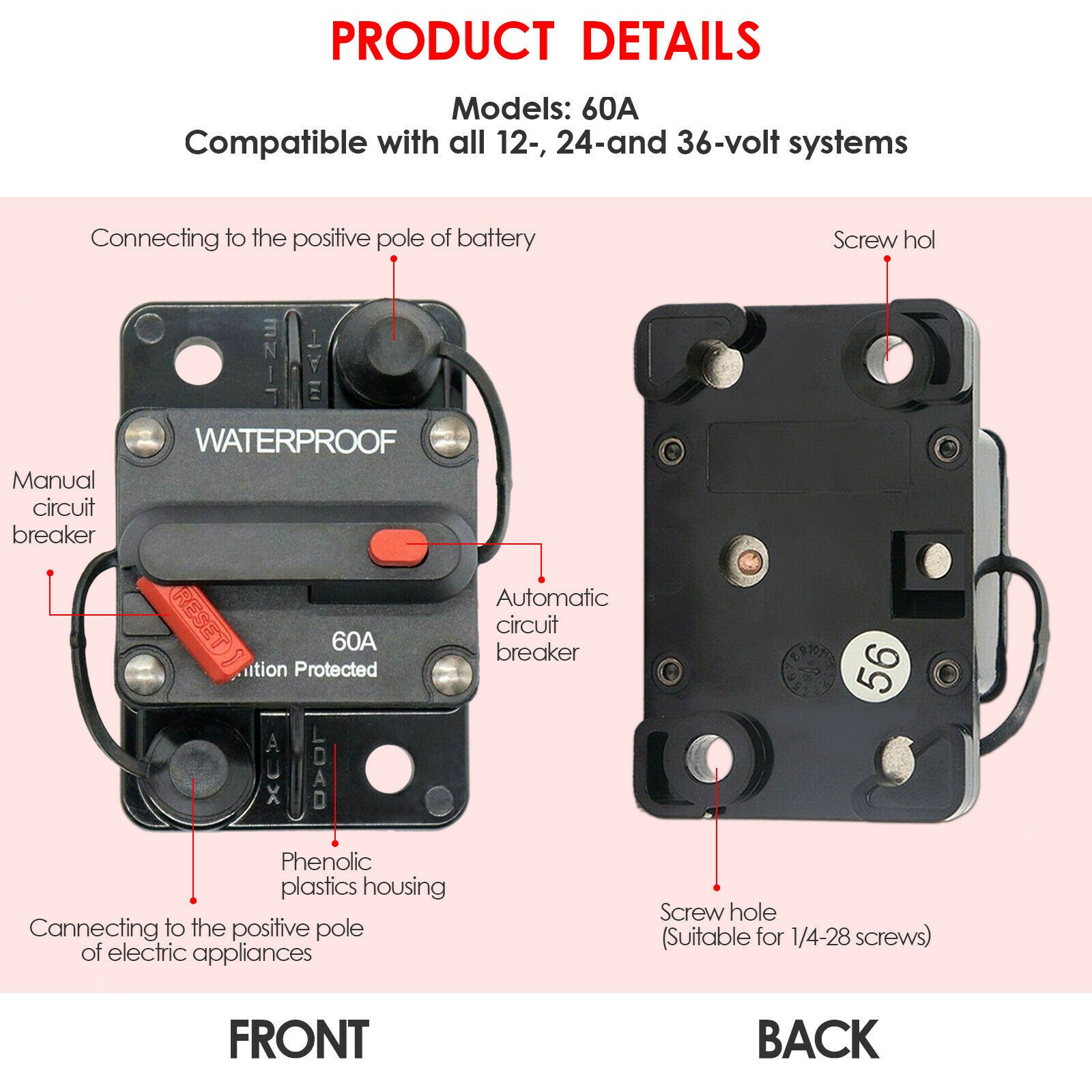 Auto Manual Reset Circuit Breaker 12-36V Car Boat Audio Universal 60A