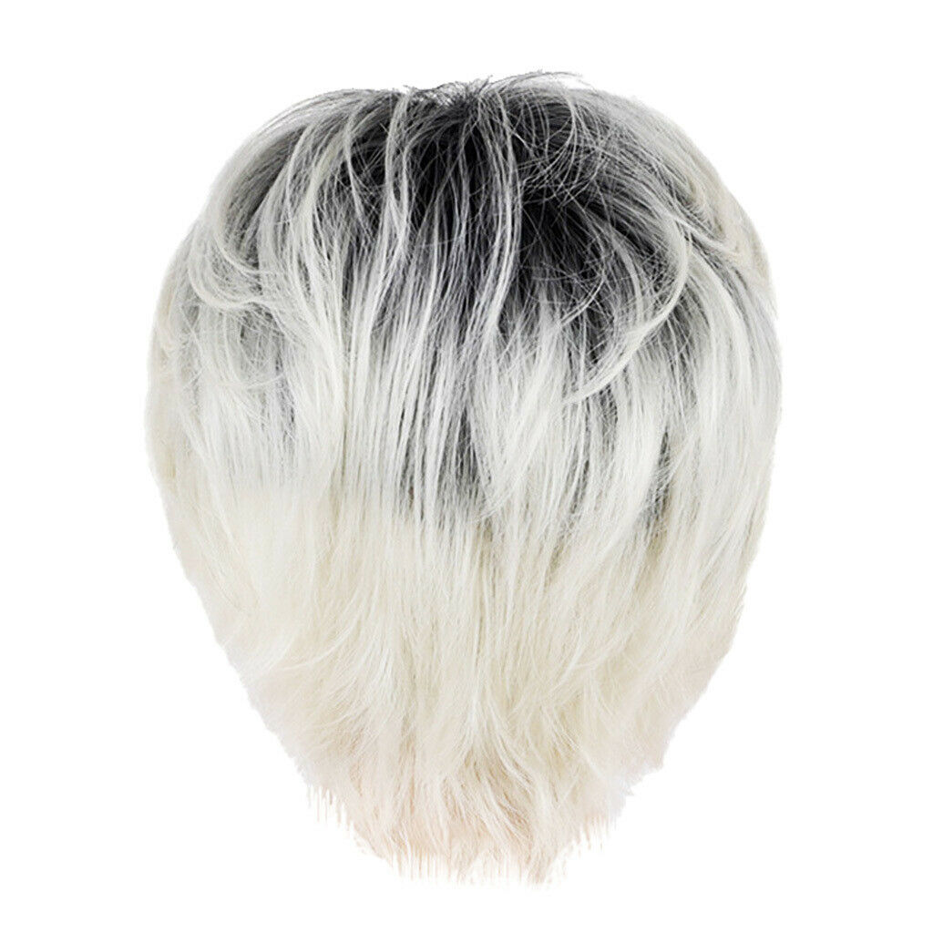 Short Full Head Wig Beige Black Gradient Oblique Bangs Women Synthetic Wig