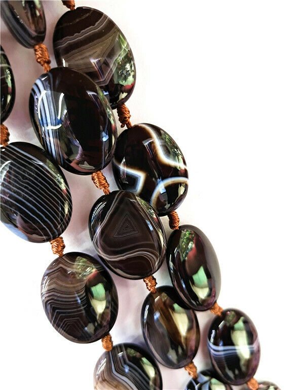 1 Strand 28x22x8mm Black Stripes Onyx Agate Oval Spacer Loose Beads 15.5" HH8478