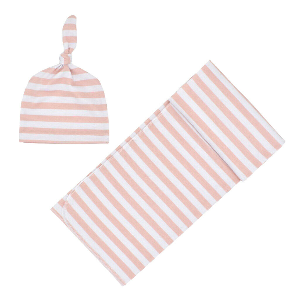 Newborn baby striped swaddle sleeping bag with hat set pink