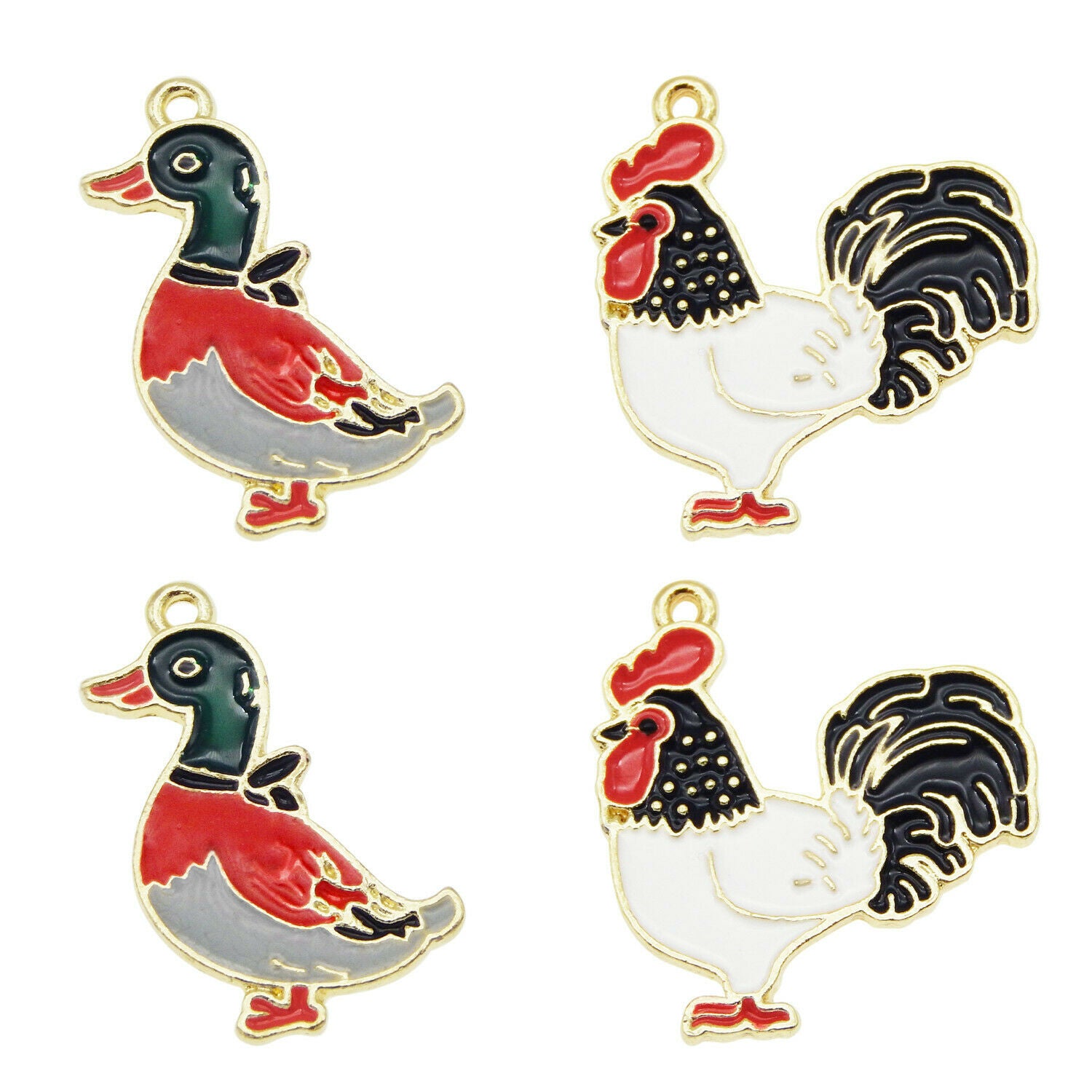8 PCS Assorted Poultry Enamel Charm Chicken Rouster Duck Pendant Bracelet Crafts