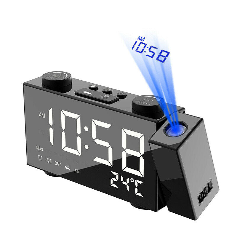 Alarm Clock 180Â° Rotating LED Projection Time Display Temperature Loud FM Radio