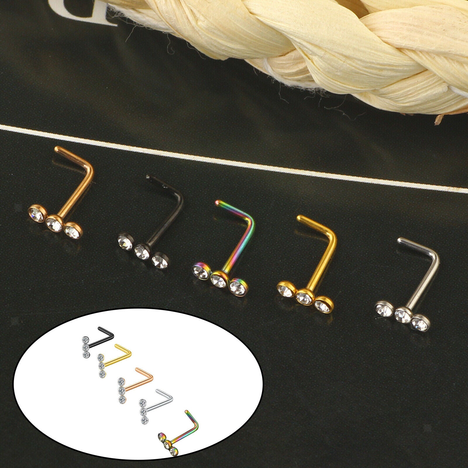 5 Pieces Nose Stud Stainless Steel Rhinestone L-Shape Screw Mixed Color 7mm