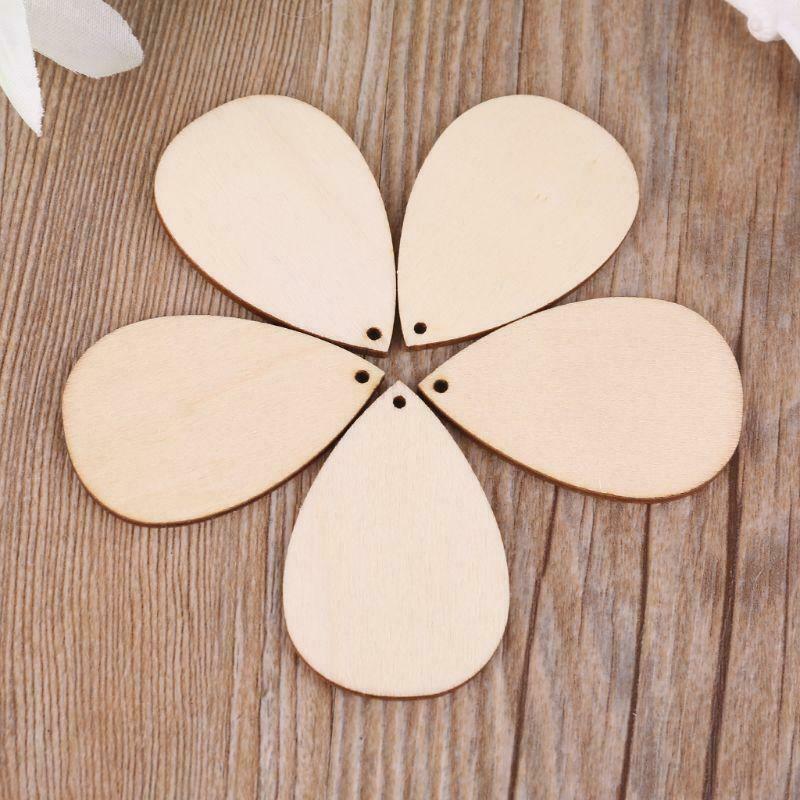 30pcs Waterdrop Shape Natural Wooden Ornaments Holes Blank Slices DIY Scrapbook
