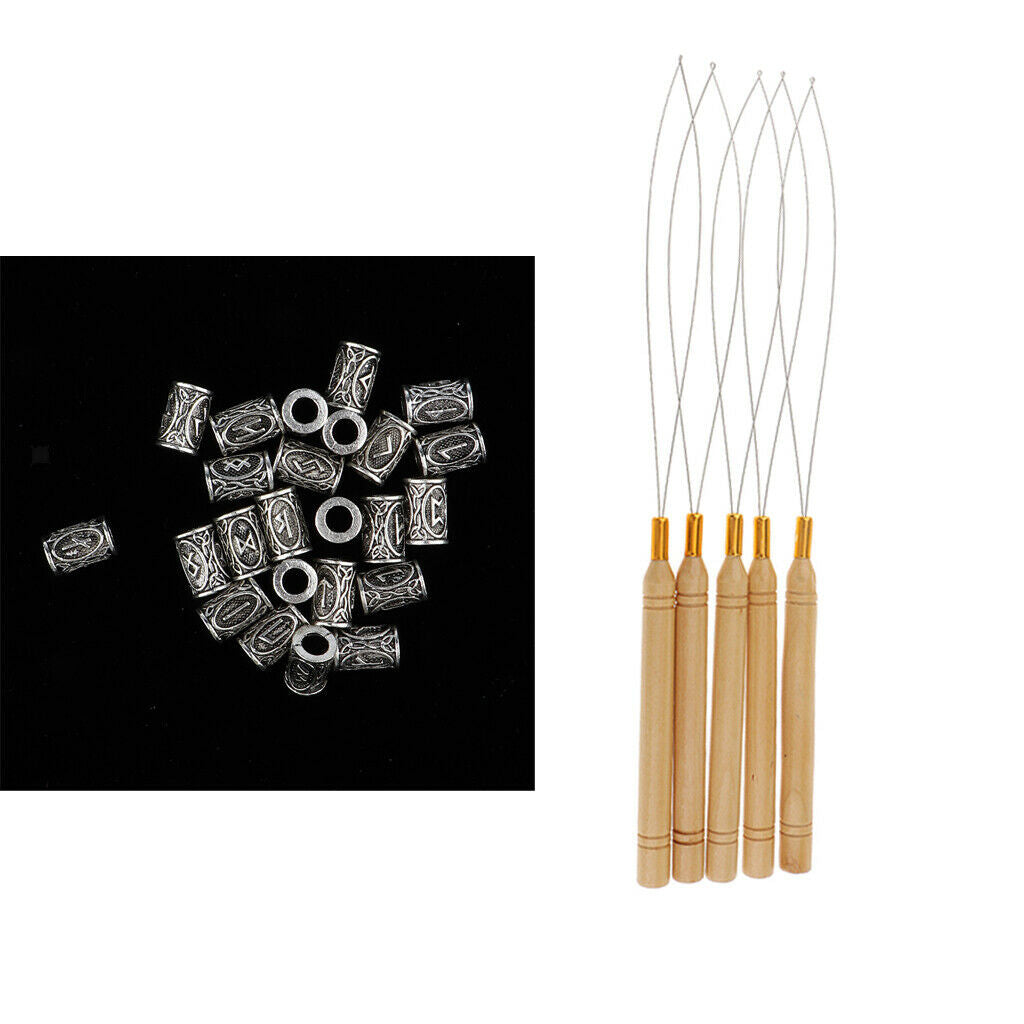Retro Norse Viking Tunes Dreadlocks Hair Tube Beads 5x Crochet Hooks Loop