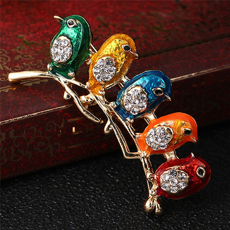 Enamel Five Birds Brooch Pin Crystal Rhinestone Collar Clip Animal Brooches GR