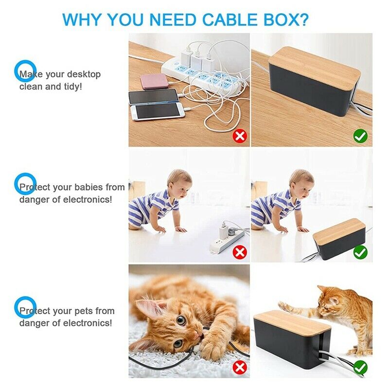 2 Pack Cable Management Box Large & Medium Bamboo Cable Cord Organizer Box forO2