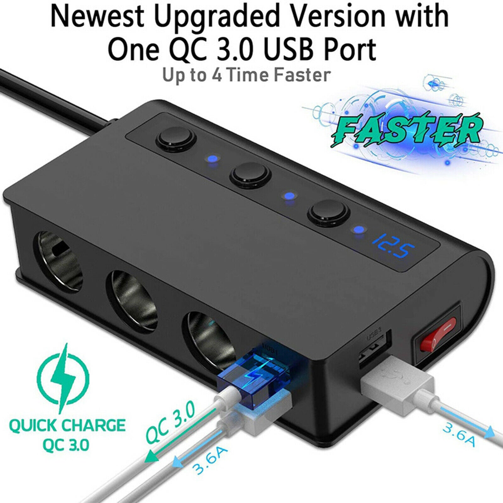 Car Auto Cigarette Lighter Adapter 180W Power Adaptor with 4x USB Port LED