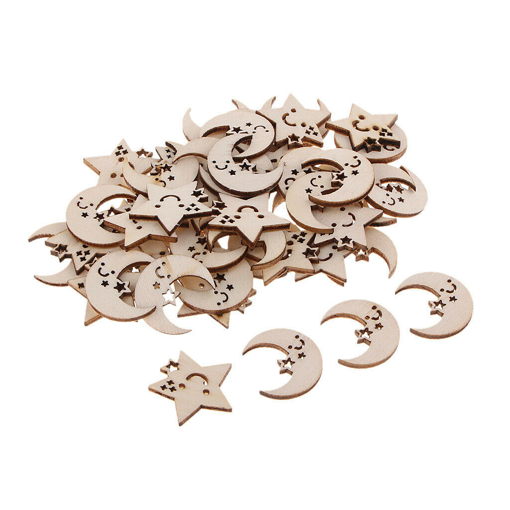 50 Pieces Wooden Moon Stars Embellishments Unfinished Wood Chips for Taking