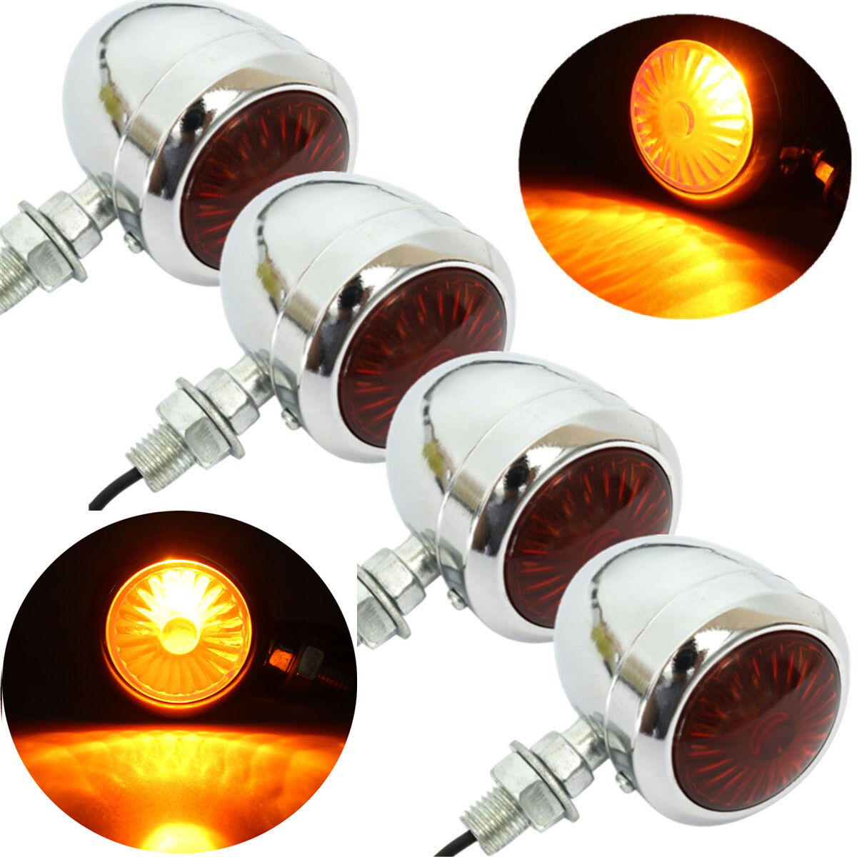 4x Chrome Metal Shell Amber LED Lamp Motorcycle Bike Turn Signal Indicator Light