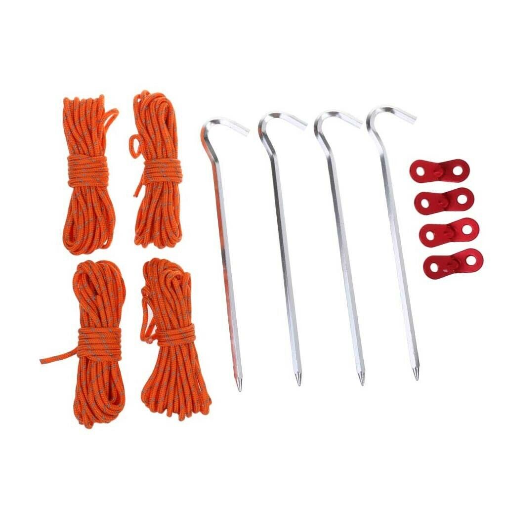 Tent Accessory Set - 4Pc Reflective Rope/4Pc Rope Tensioner/4Pc Tent Stakes