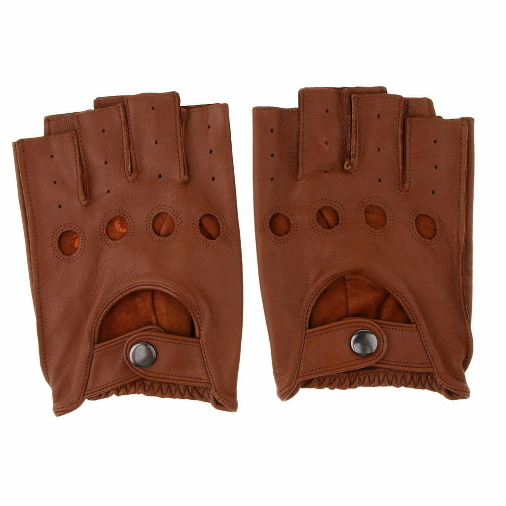 Retro PU Leather Men Fingerless Driving - Brown Button, L