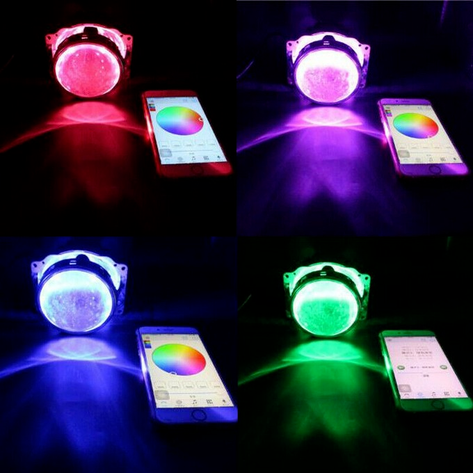 Bluetooth Remote Control RGB LED Demon Eye Halo Ring Headlight Projector Lens