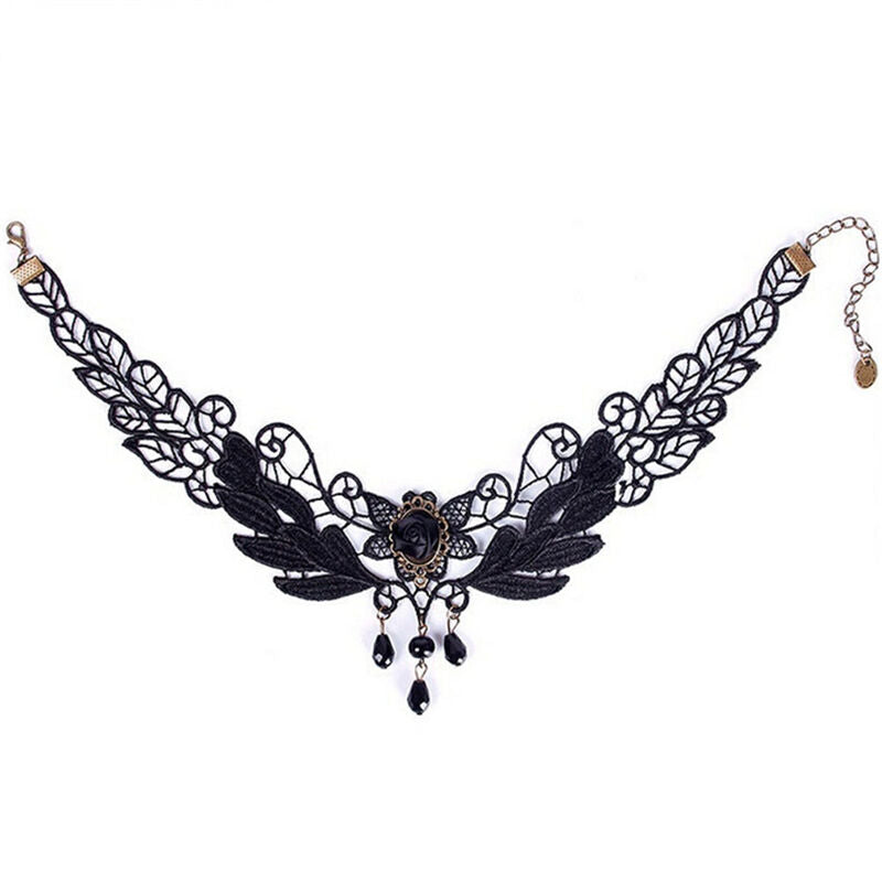Women's Black Rose Teardrop Bead Pendant Lace Choker Lolita Collar Necklace D Qx