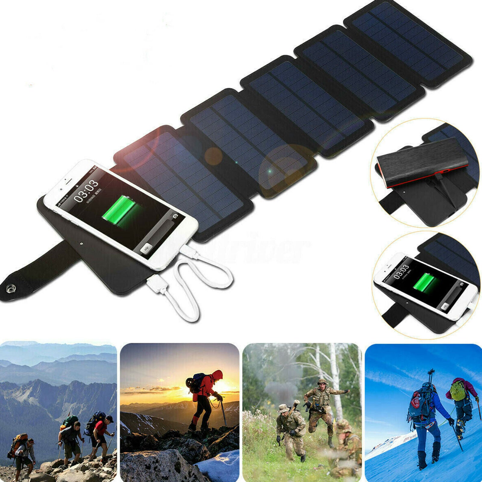 Portable Solar Mobile Phone Charger Panel Power Bank Waterproof Outdoor Camping