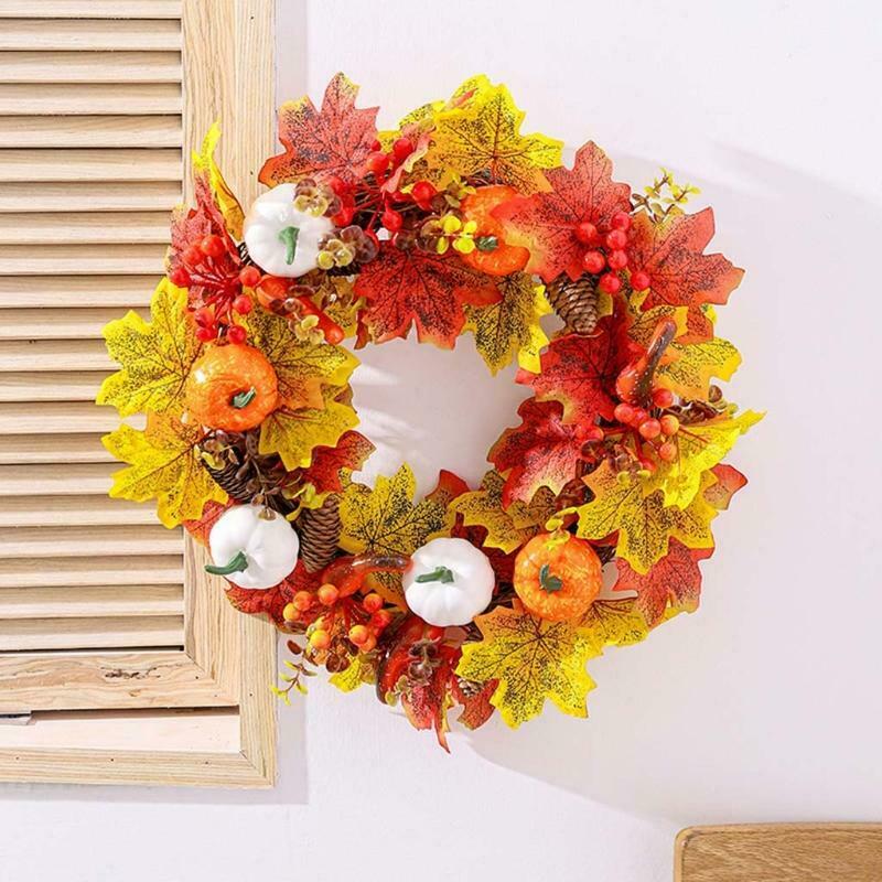 15in Autumn Wreath Fall Wreath Artificial Thanksgiving Garland with Maple Leaf