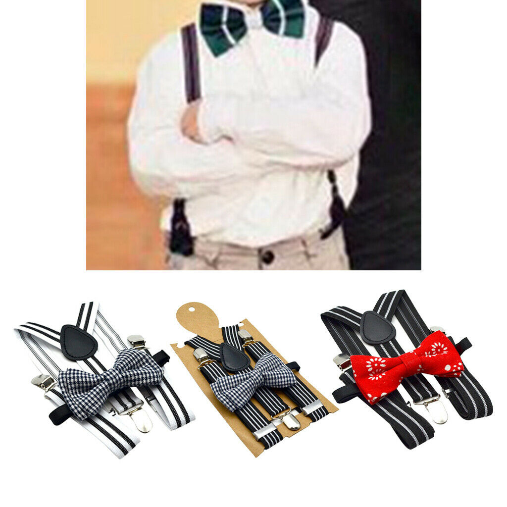Male Boy Trousers Suspenders w/ Bow-Tie Set 3 Clips Braces Non-slip Straps