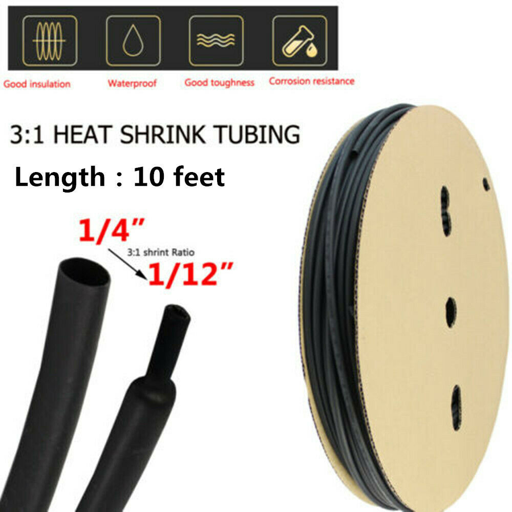 Black 10FT x 1/4" Marine Grade Heat Shrink Tubing 3:1 Adhesive Glue Lined