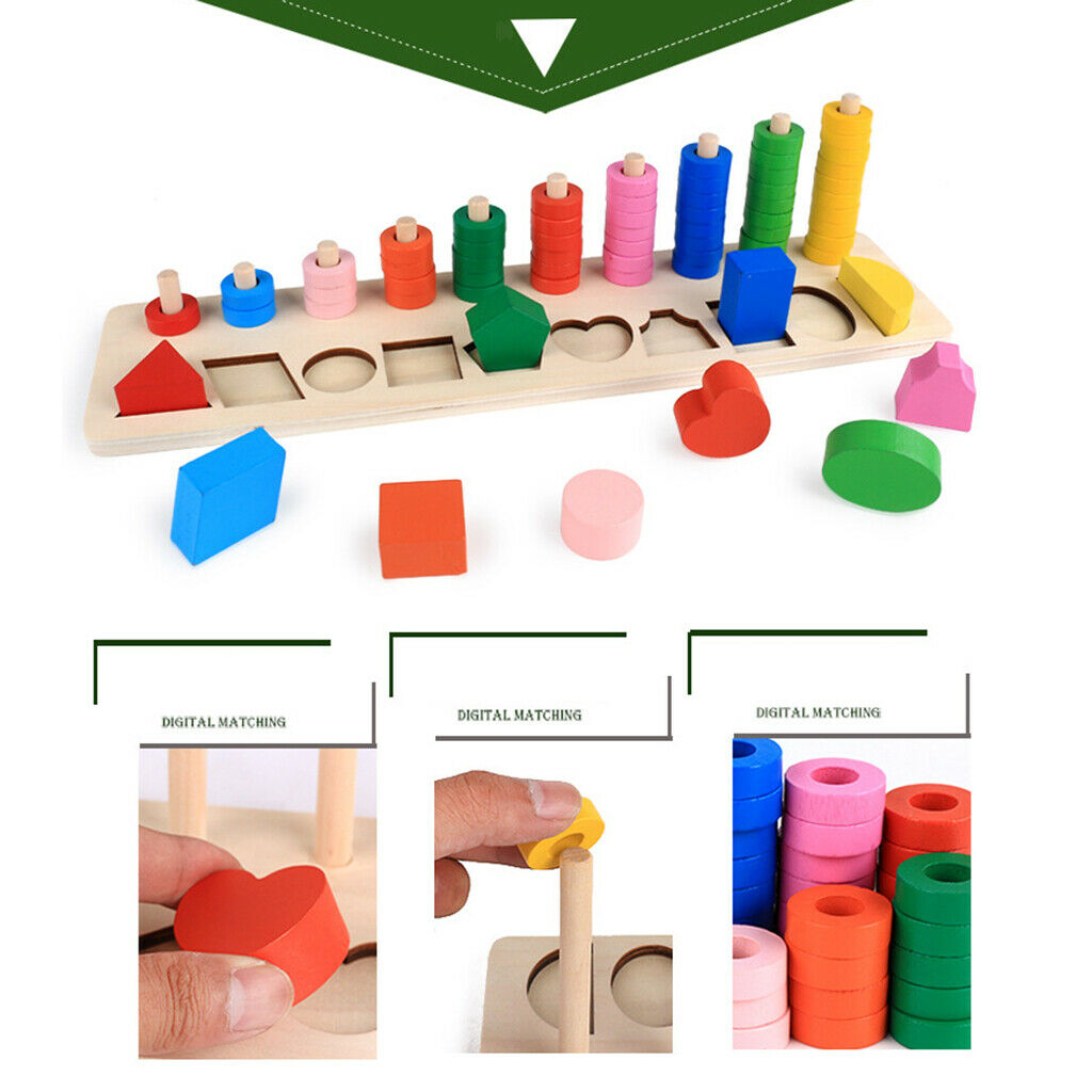 Montessori Wooden Geometry Blocks Match & Number Count Kids Educational Toys