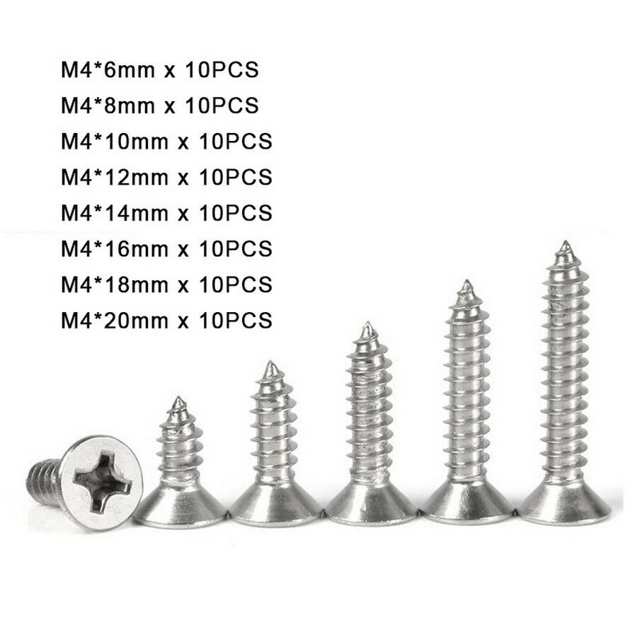 80Pcs M4*6-20mm Countersunk Flat Head Phillips Wood Screws Kits A2 304 Stainless