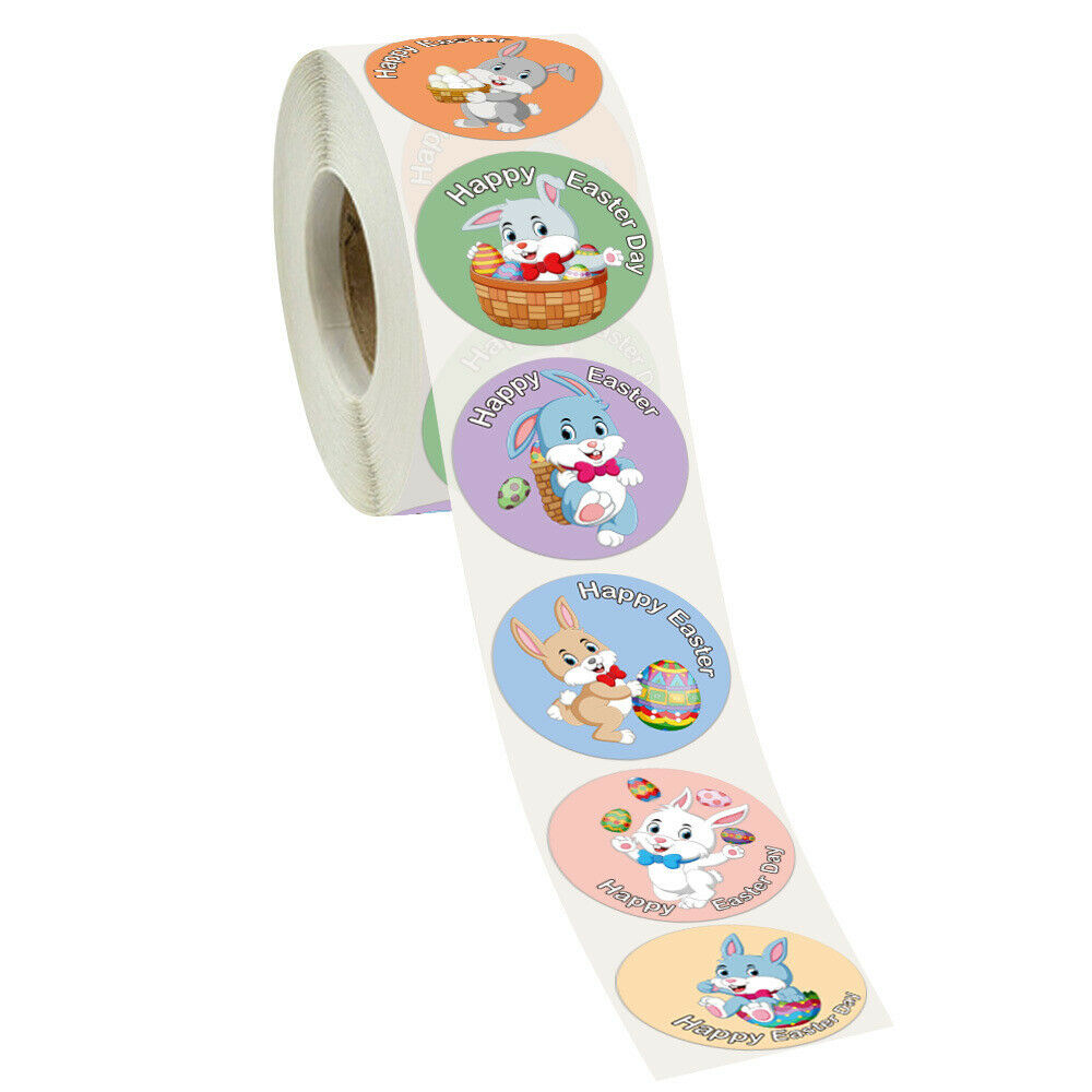 1 Roll 1.5" Round Happy Easter Bunny Holiday Gift Sealing Label DIY Decor Craft