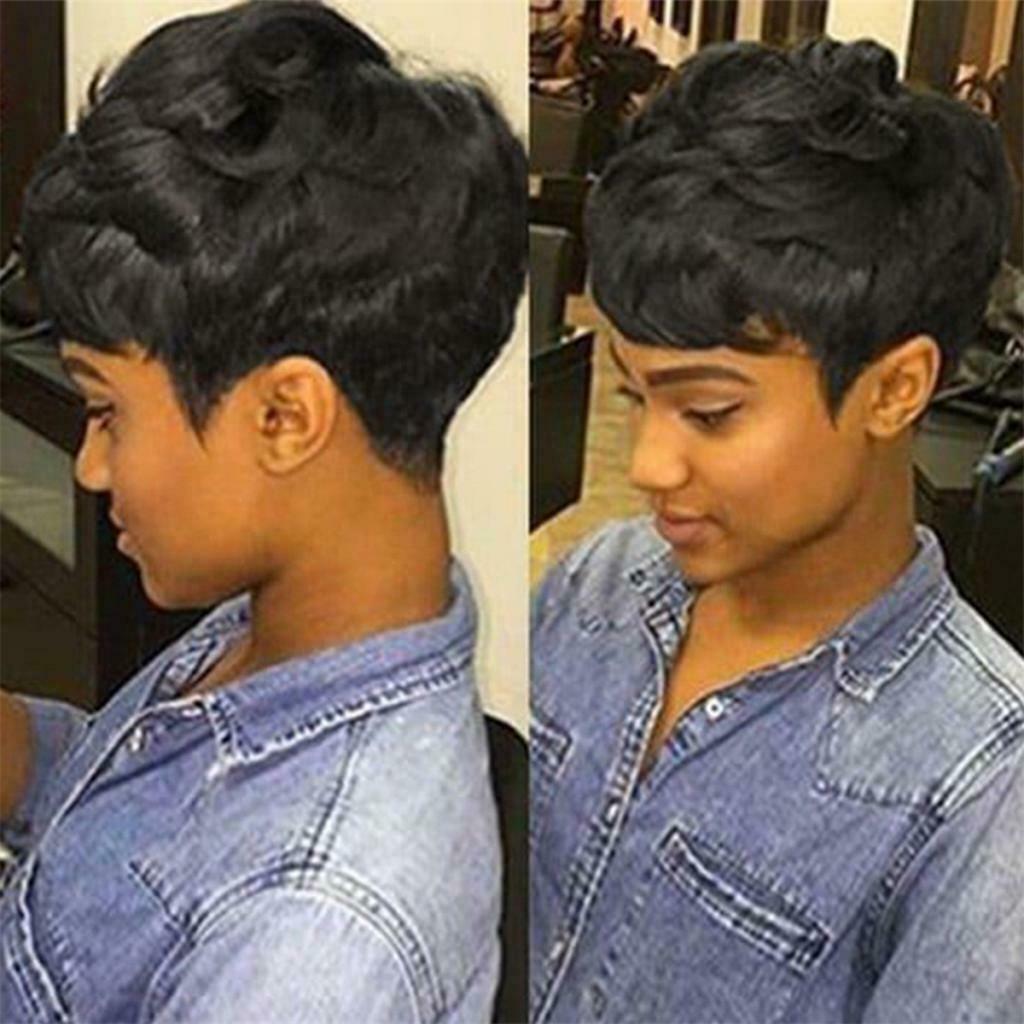 8" Women Pixie Cut Straight Daily Wig w/ Bangs Layered Short Human Hair Wigs