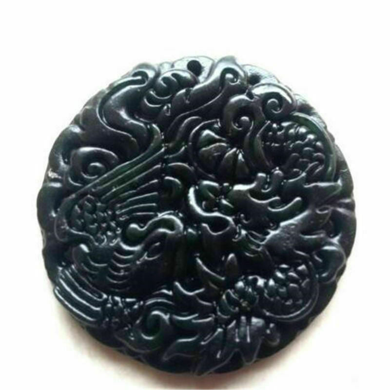 2pcs Chinese Natural Black Green Jade Pendant Dragon&Phoenix Good Lucky Amulet