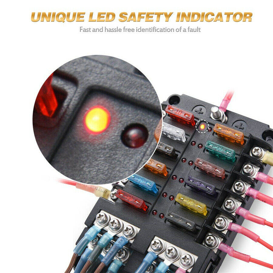 12-Way Blade Fuse Box Block Holder LED Indicator 12V 32V Auto Marine Waterproof