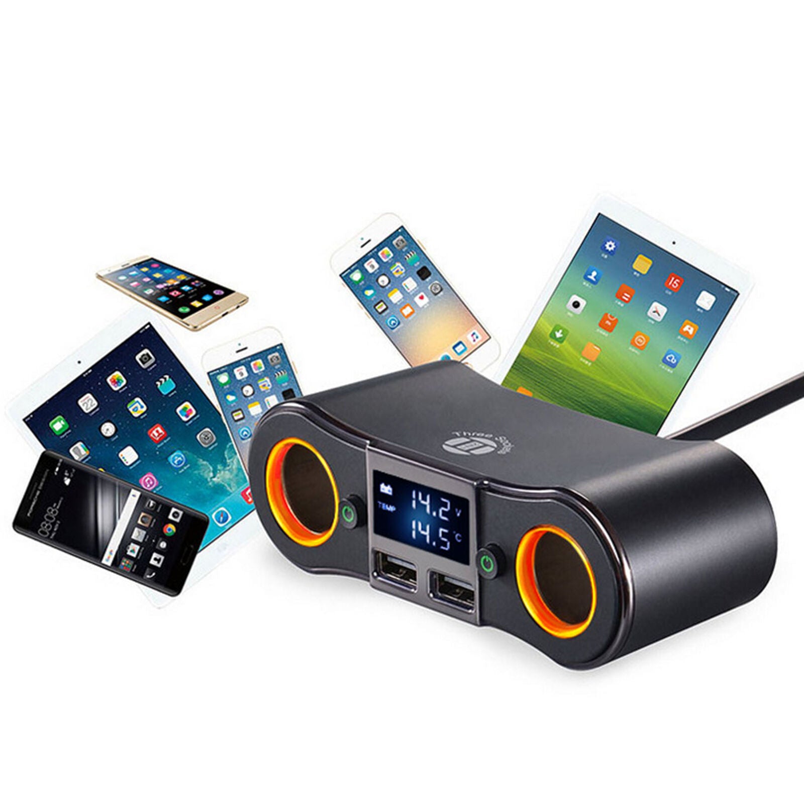 Dual Socket 2 USB Port LCD Lighter Splitter DC 12V Car Charger Adapter