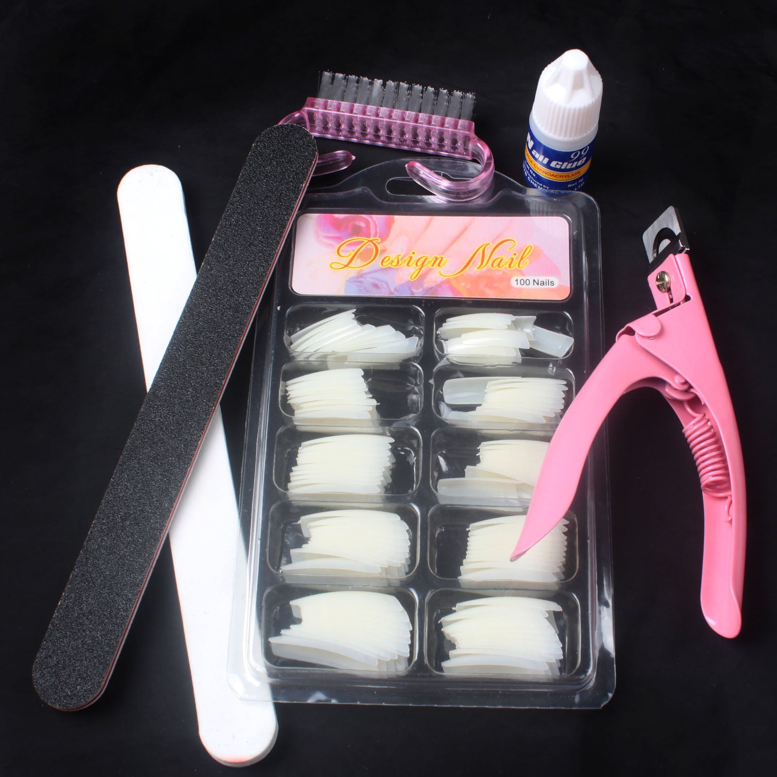 100Pcs Natural Acrylic French Tips With Nail Art Glue Cutter Polish File Tools
