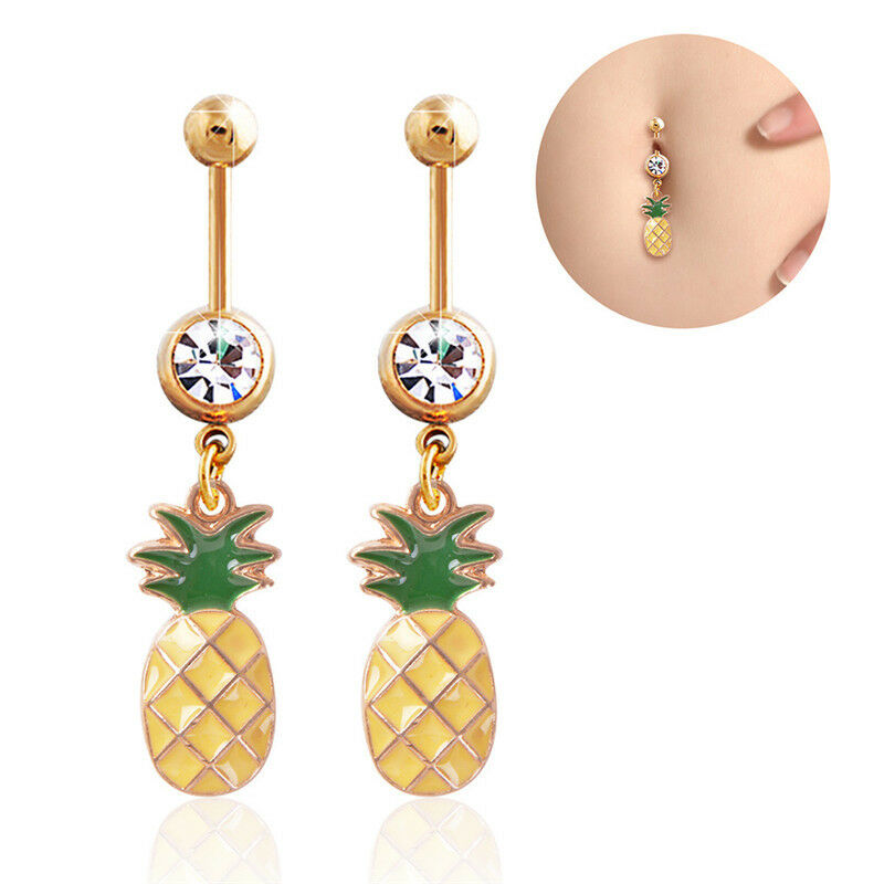 Crystal Rhinestone Pineapple Navel Belly Button Ring Bar Body Piercing SR.l8