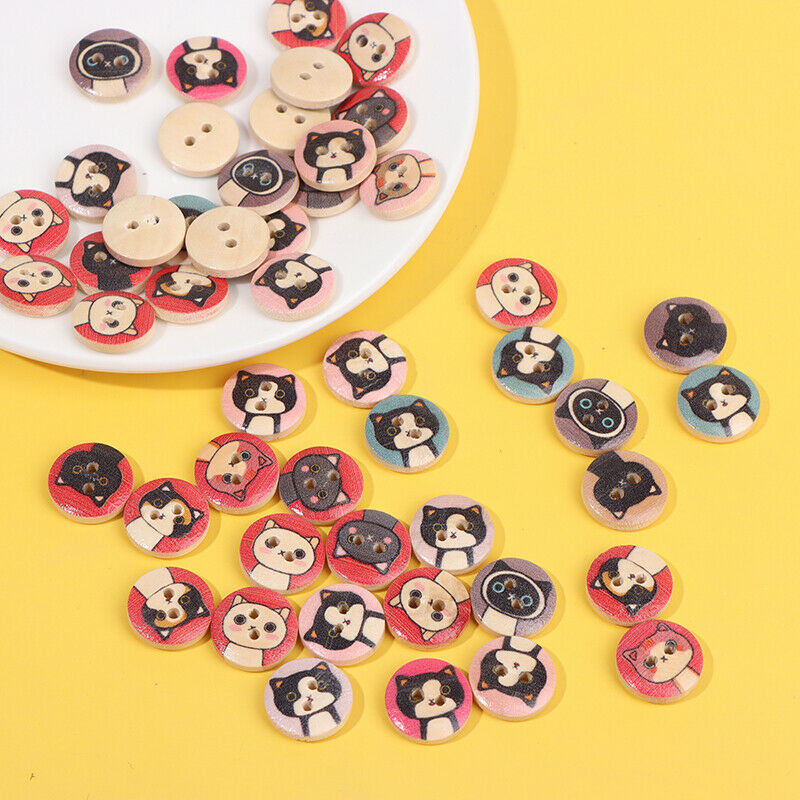 50Pc 15mm Round Wooden Buttons 2 Holes Lovely Cat Buttons For Clothing De.l8