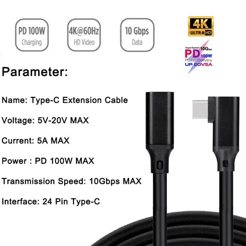 90 degree 2M Type C Extension Cable USB3.1 Male to Female Fast Charger Data10Gbp