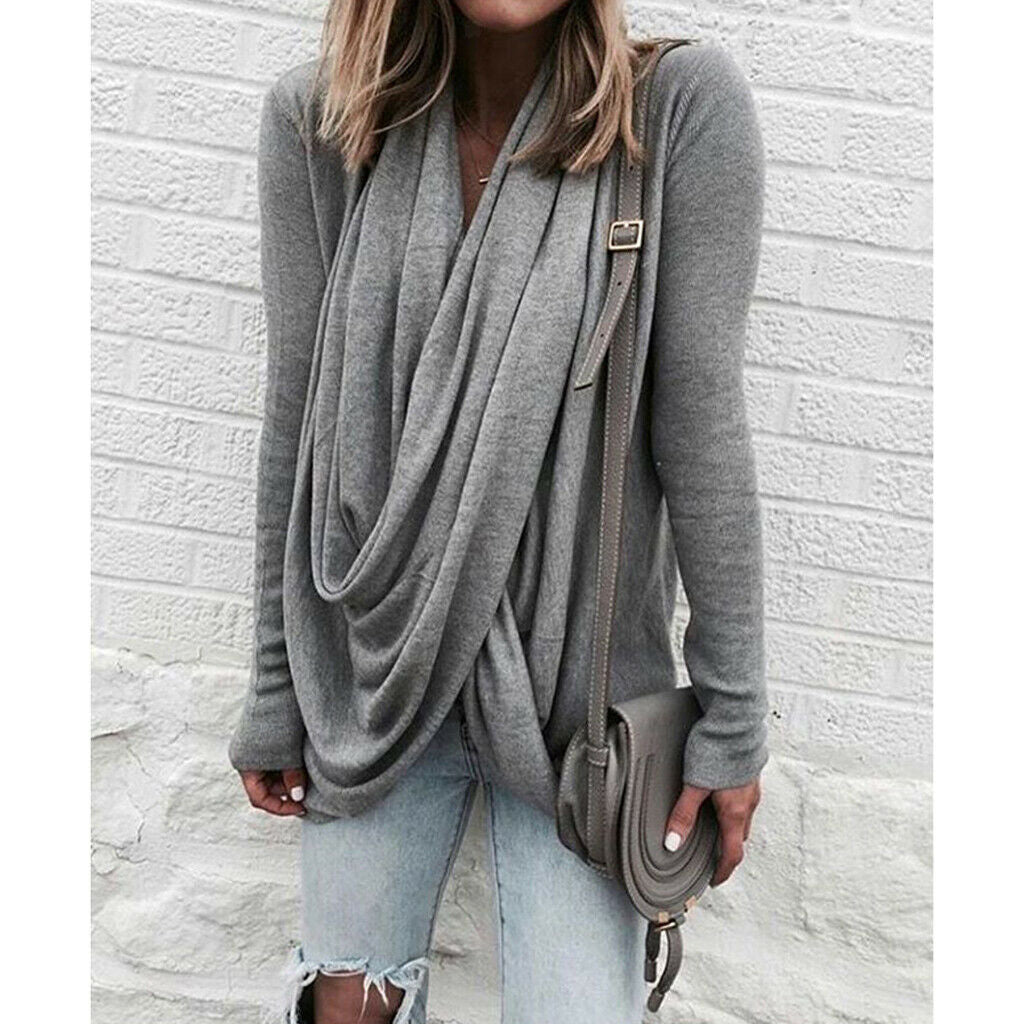 Women Long Sleeve Irregular Pile Collar Loose Pullover Shirt Gray M