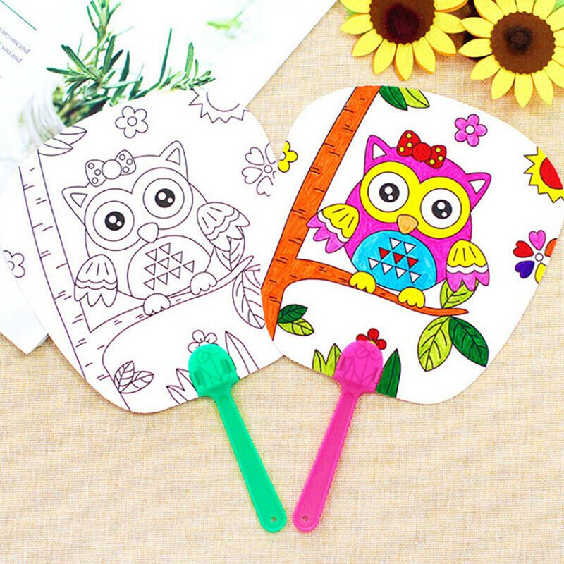 1Pc DIY kids coloring cartoon hand fan craft kindergarten drawing toys .l8