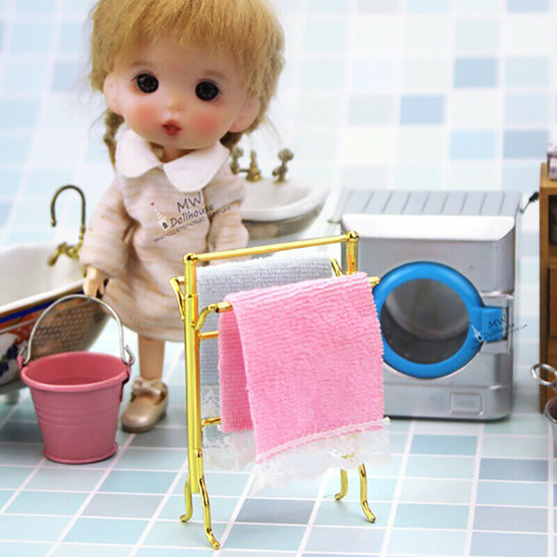 1:12 Metal Free-Standing Hand Towel Drying Rack with 2 Towels for Dollhou.l8