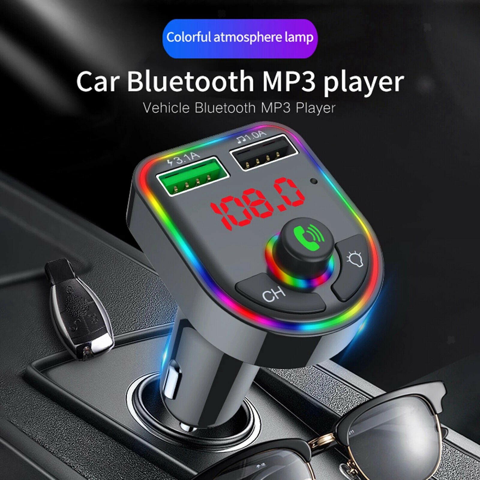Car Bluetooth V5.0 FM Transmitter Quick Charge Hands-Free Call 2 USB Ports