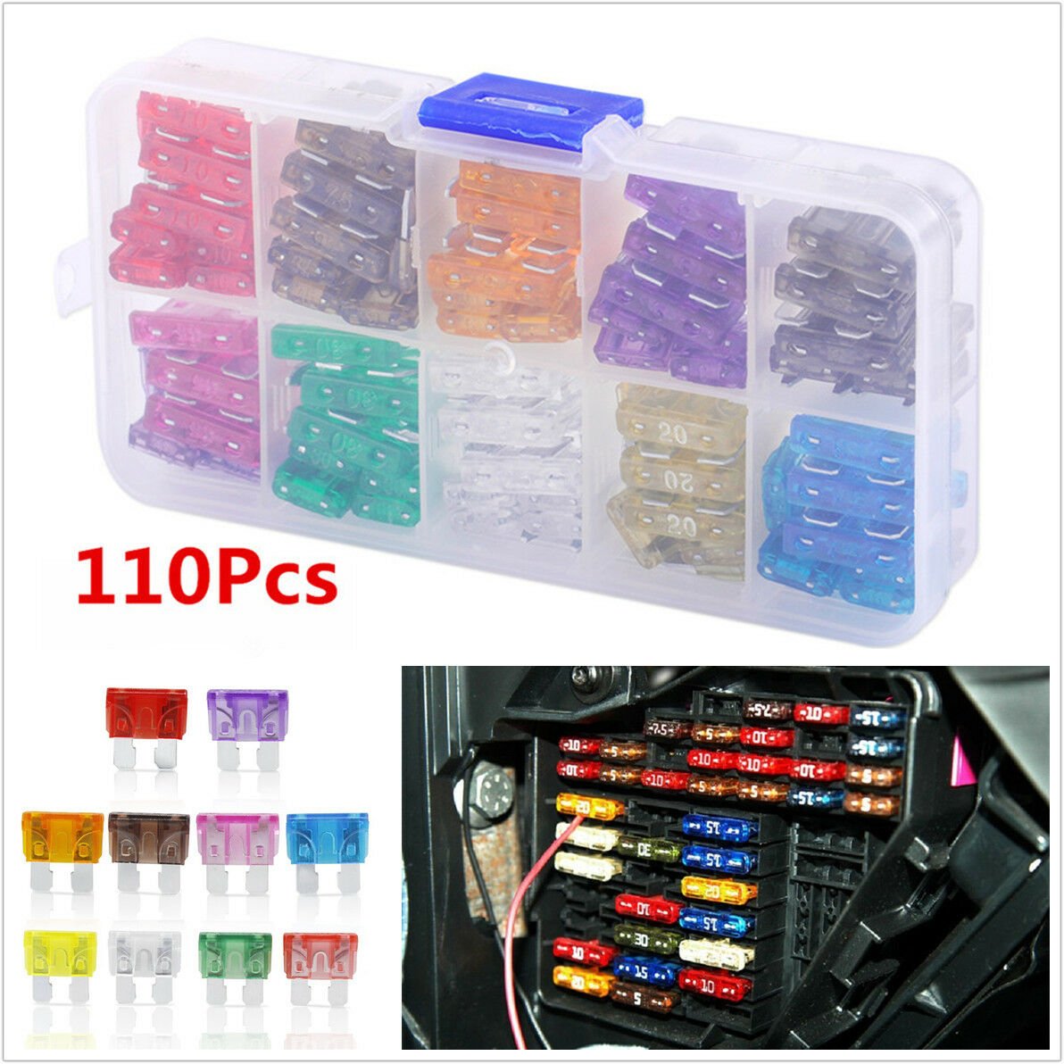 110Pcs/Set Assorted Small &Standard/Middle Size Blade Fuse 2-35 AMP Insurance