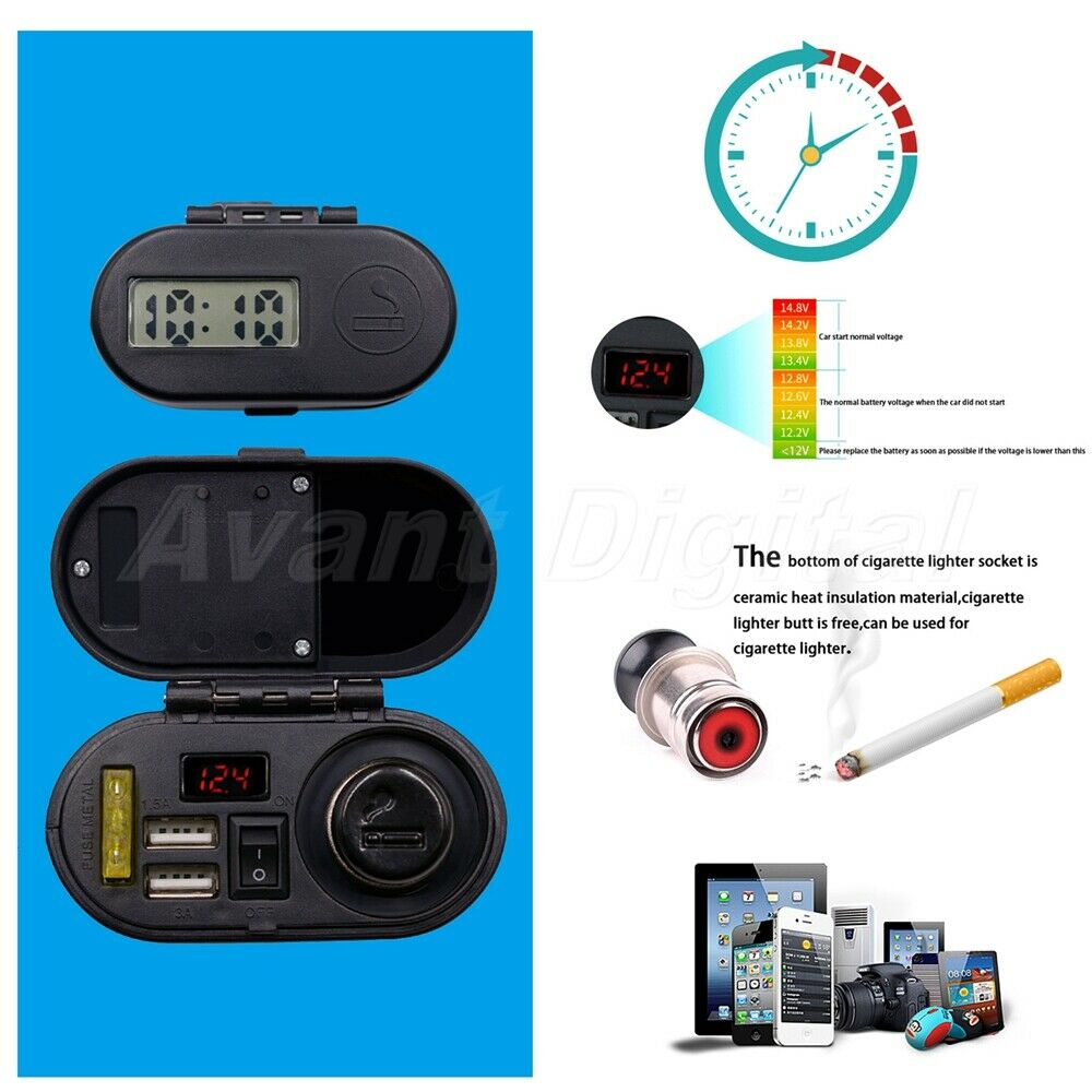 Motorcycle Cigarette Lighter Dual USB Charger Voltmeter Digital Clock Waterproof