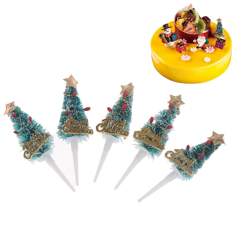 5pcs Merry Christmas Cake Toppers Xmas Tree Cupcake Picks Kids Birthday D.l8