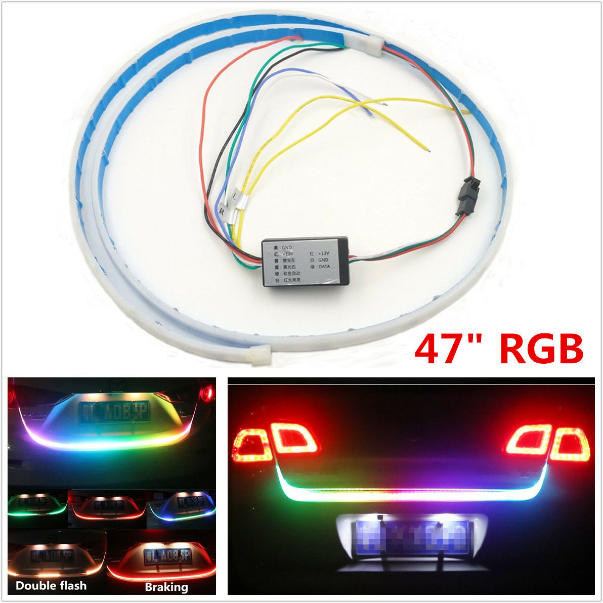 7" RGB LED Car Rear Trunk Strip Light Tailgate Brake Drive Signal Knight Rider
