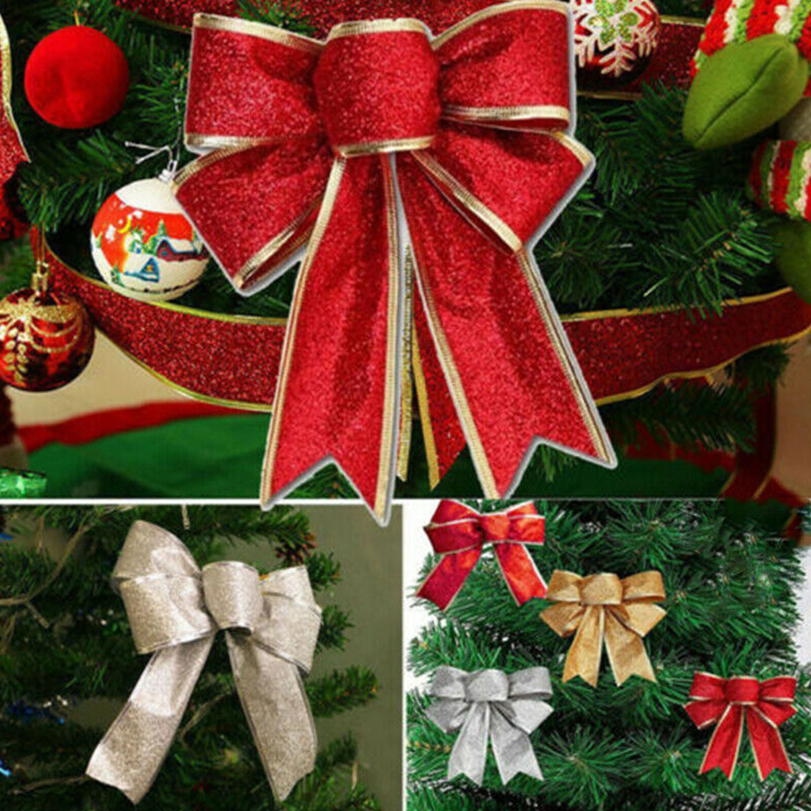 12PCS Large Bows Bowknot Christmas Tree Ornaments XMAS Holiday Decor Party Home