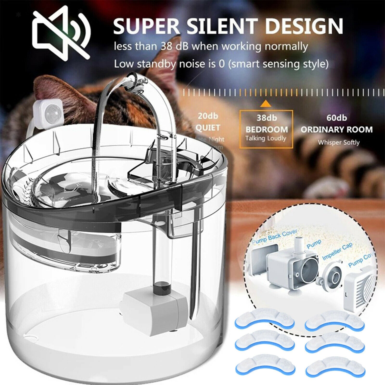 Drinking Fountain Transparent Dispenser Cat Water Fountain Only 6pcs Filters