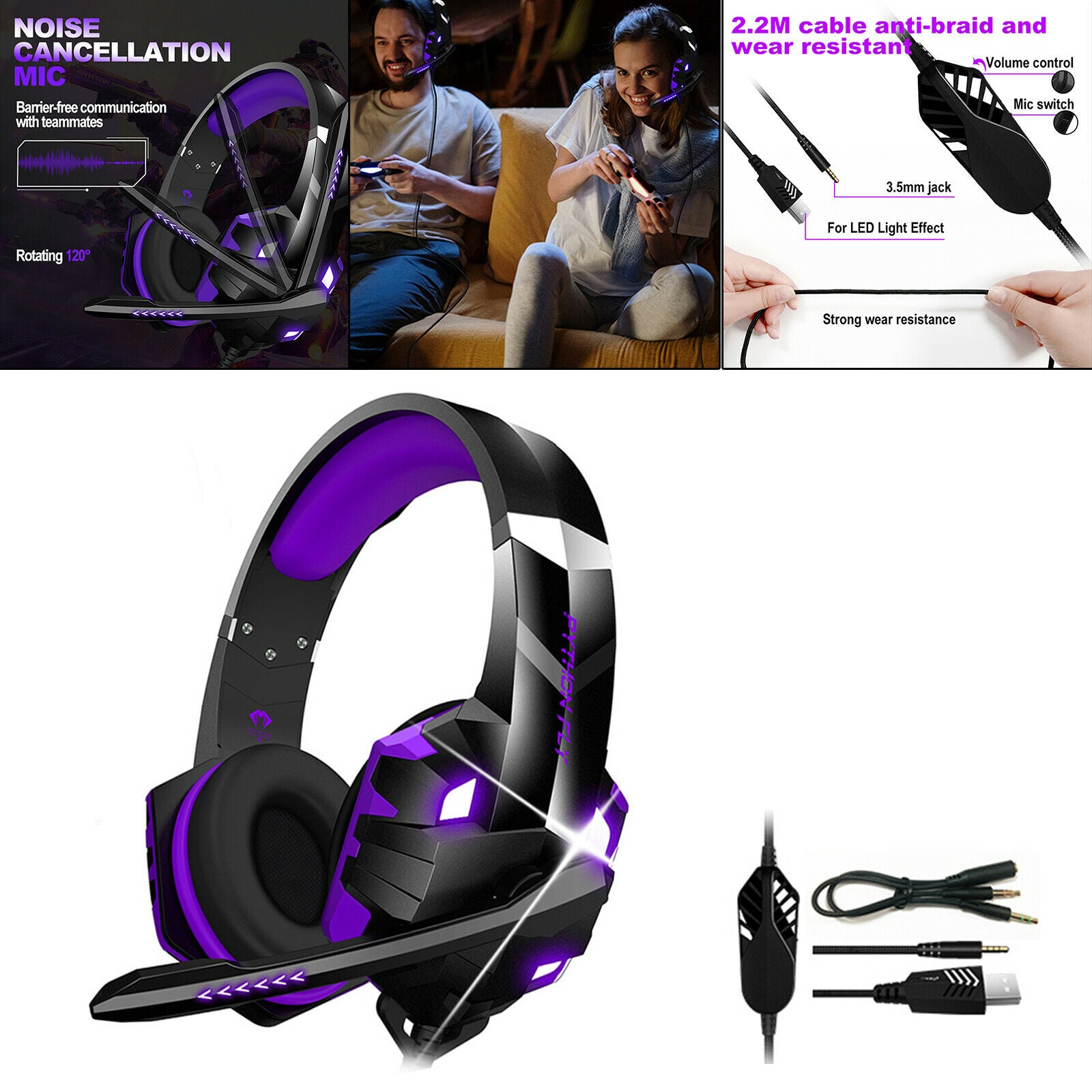 Gaming Headset w/ 120 degree Noise Cancelling Mic LED Light Volume Control