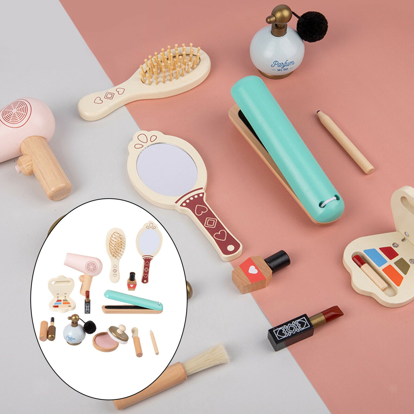 12pcs Wooden Kids Makeup Kit Role Play Curling Iron Brush Perfume Gifts